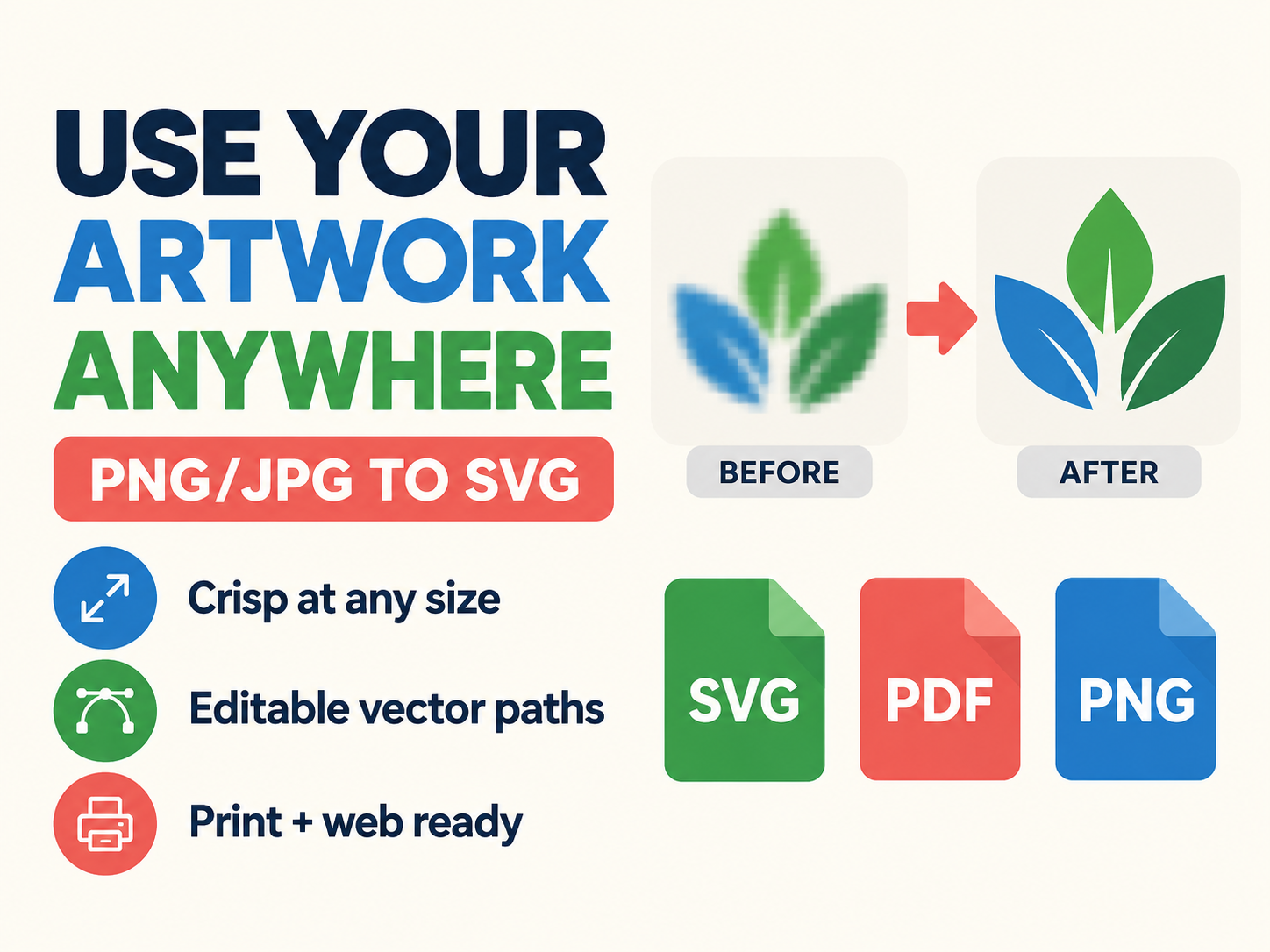 PNG/JPG to SVG Vector Conversion service artwork showing Convert one supplied PNG or JPG into clean, scalable vector artwork.