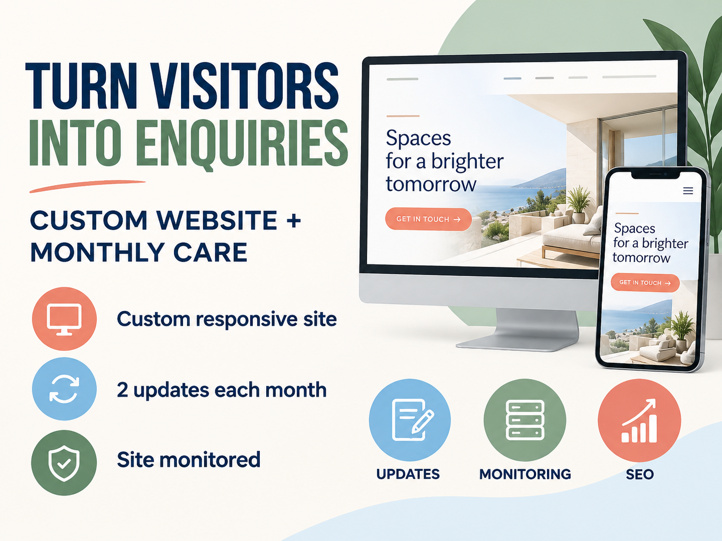 Custom Website + Monthly Care service artwork showing A full custom website with ongoing care, monitoring and two small content changes each month.