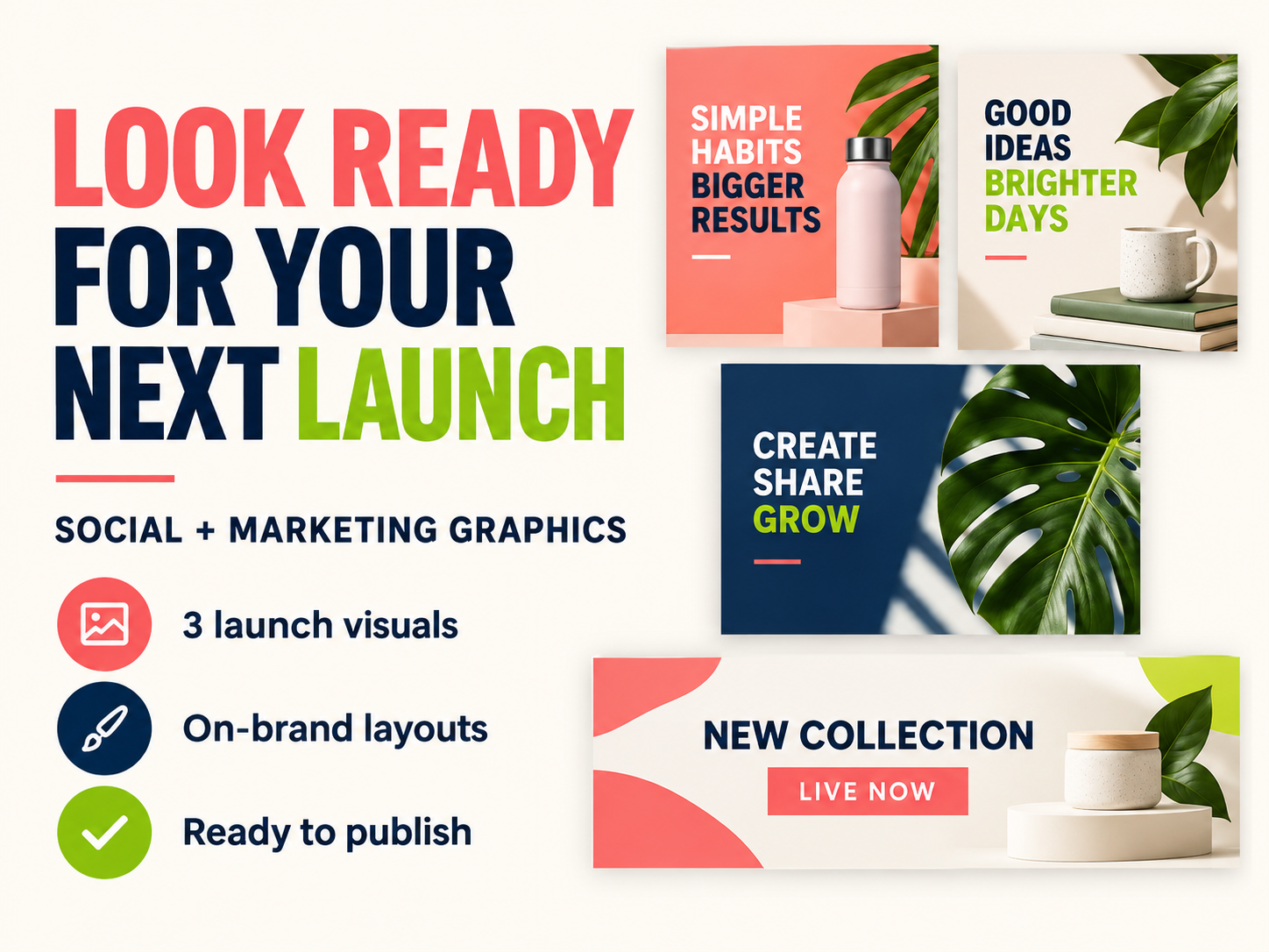 Social + Marketing Graphics service artwork showing Create a coordinated set of polished graphics for a launch, promotion or social campaign.