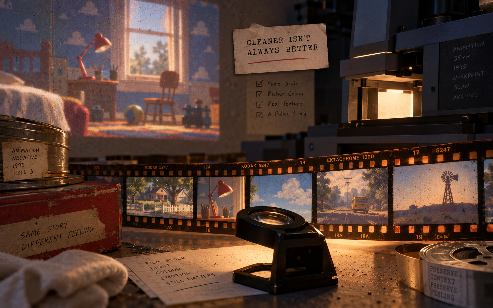 Original Toy Story production artwork and film scans arranged as an archive.
