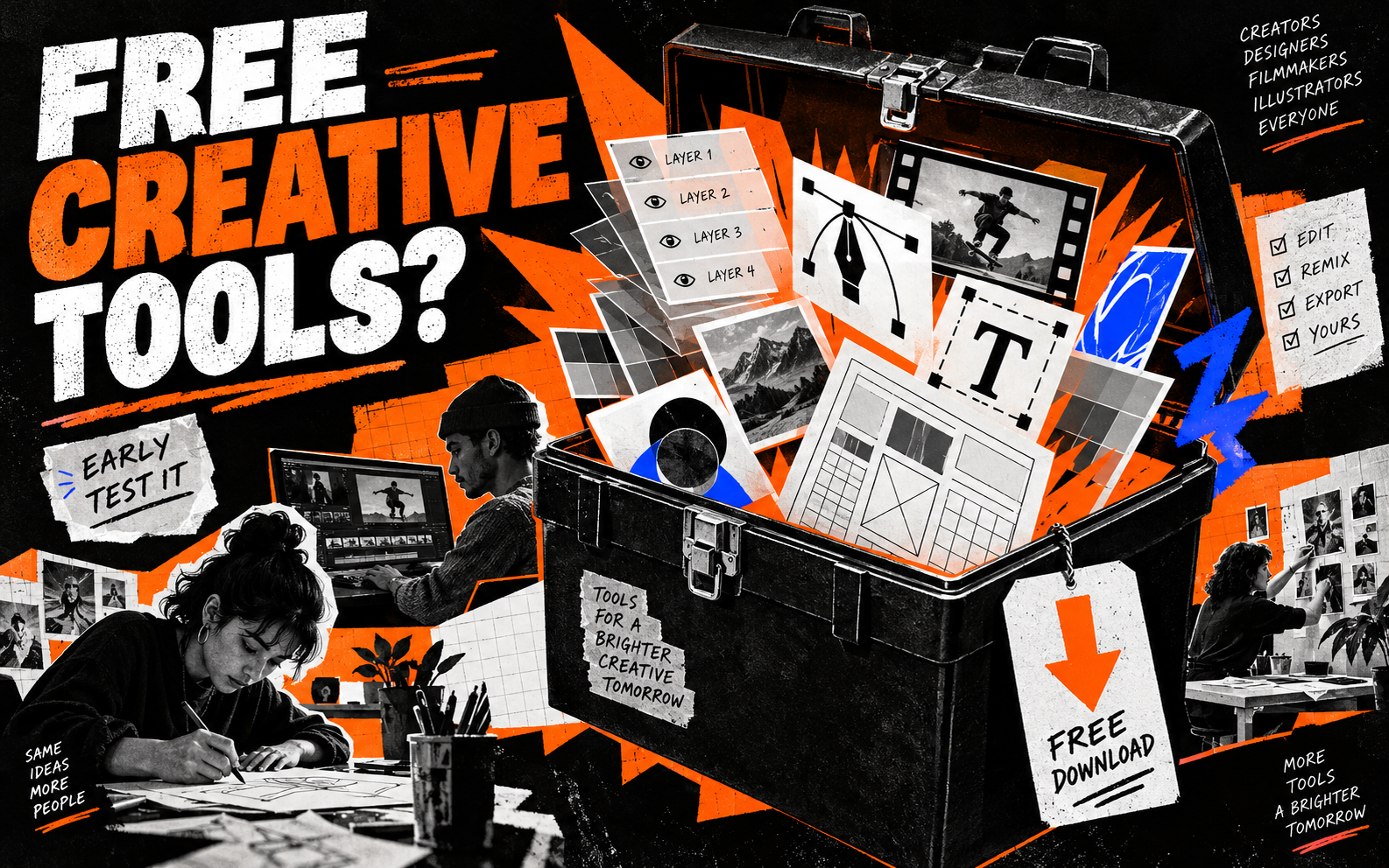 A creative software interface rebuilt from familiar Adobe-like tools and AI layers.