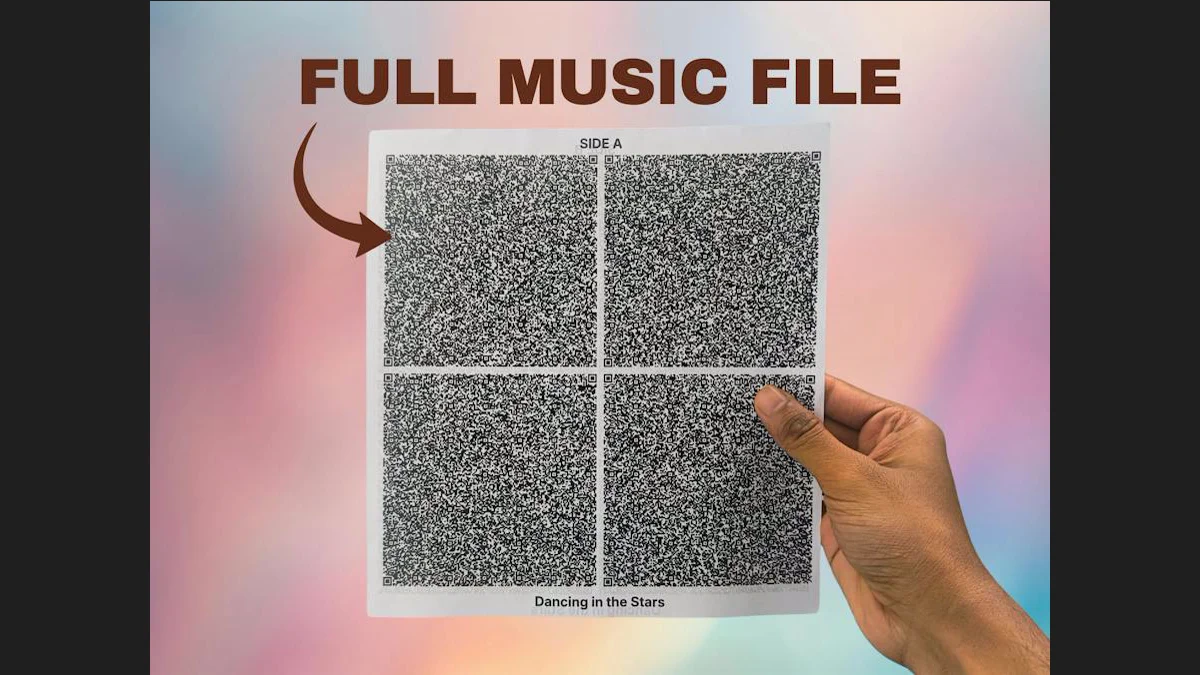 The real Paper Tunes printout showing a full music file encoded as eight QR codes.