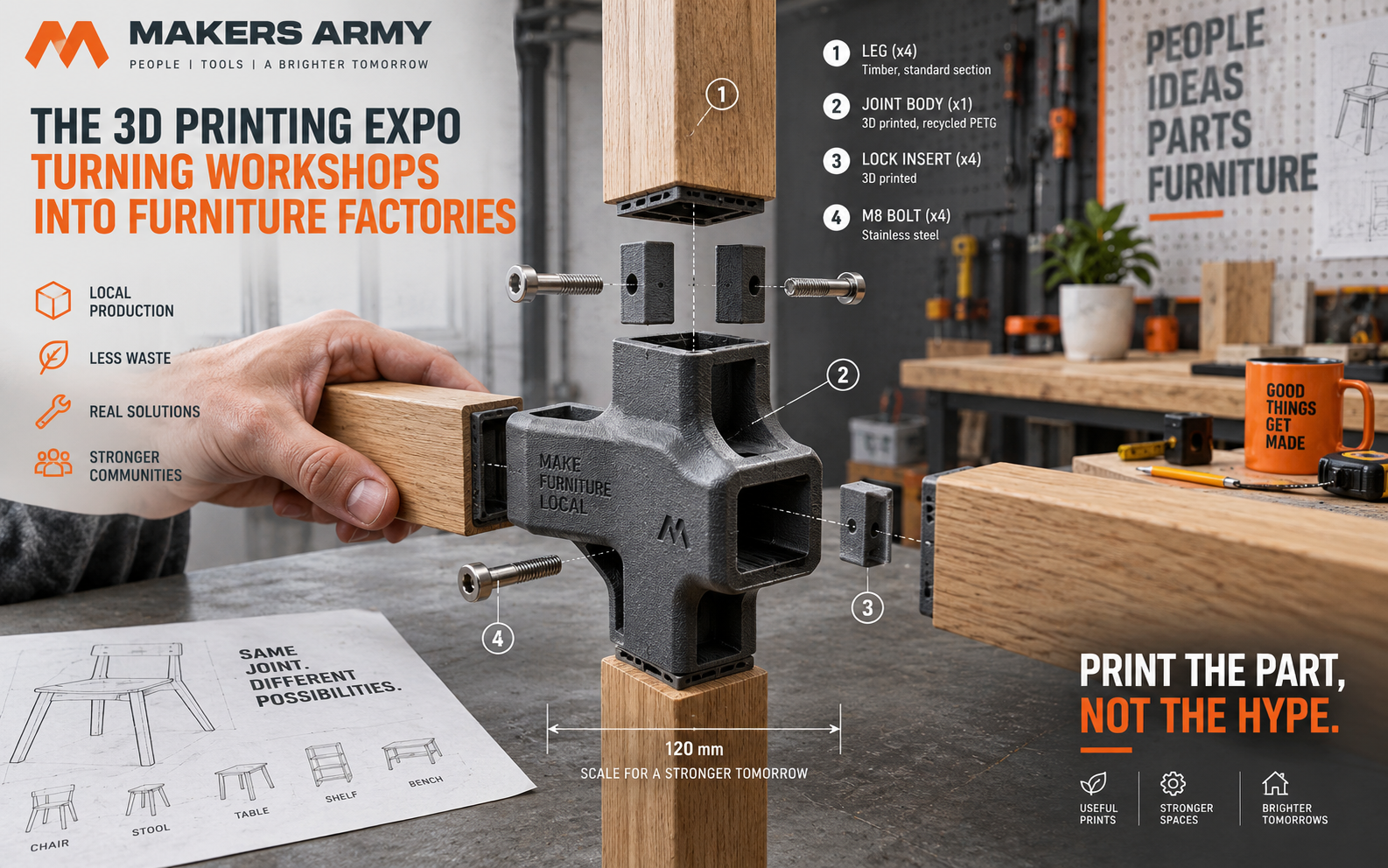 A small workshop producing an oversized 3D-printed furniture part.