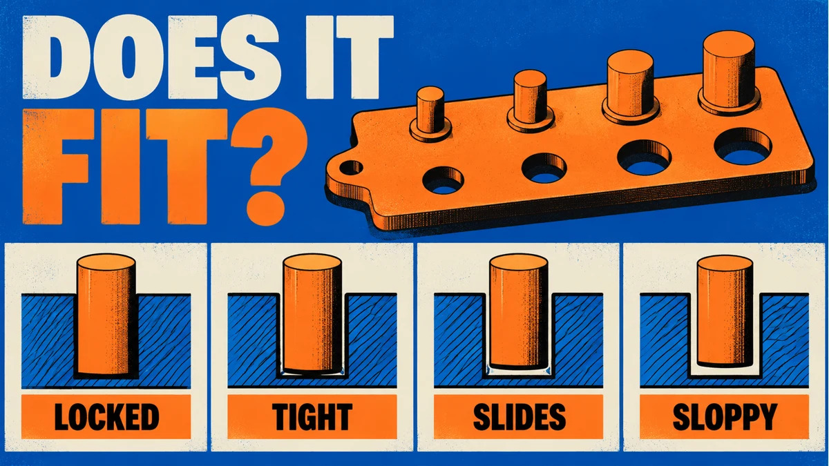 Block-colour technical illustration of a printable clearance gauge with locked, tight, sliding and loose fits.