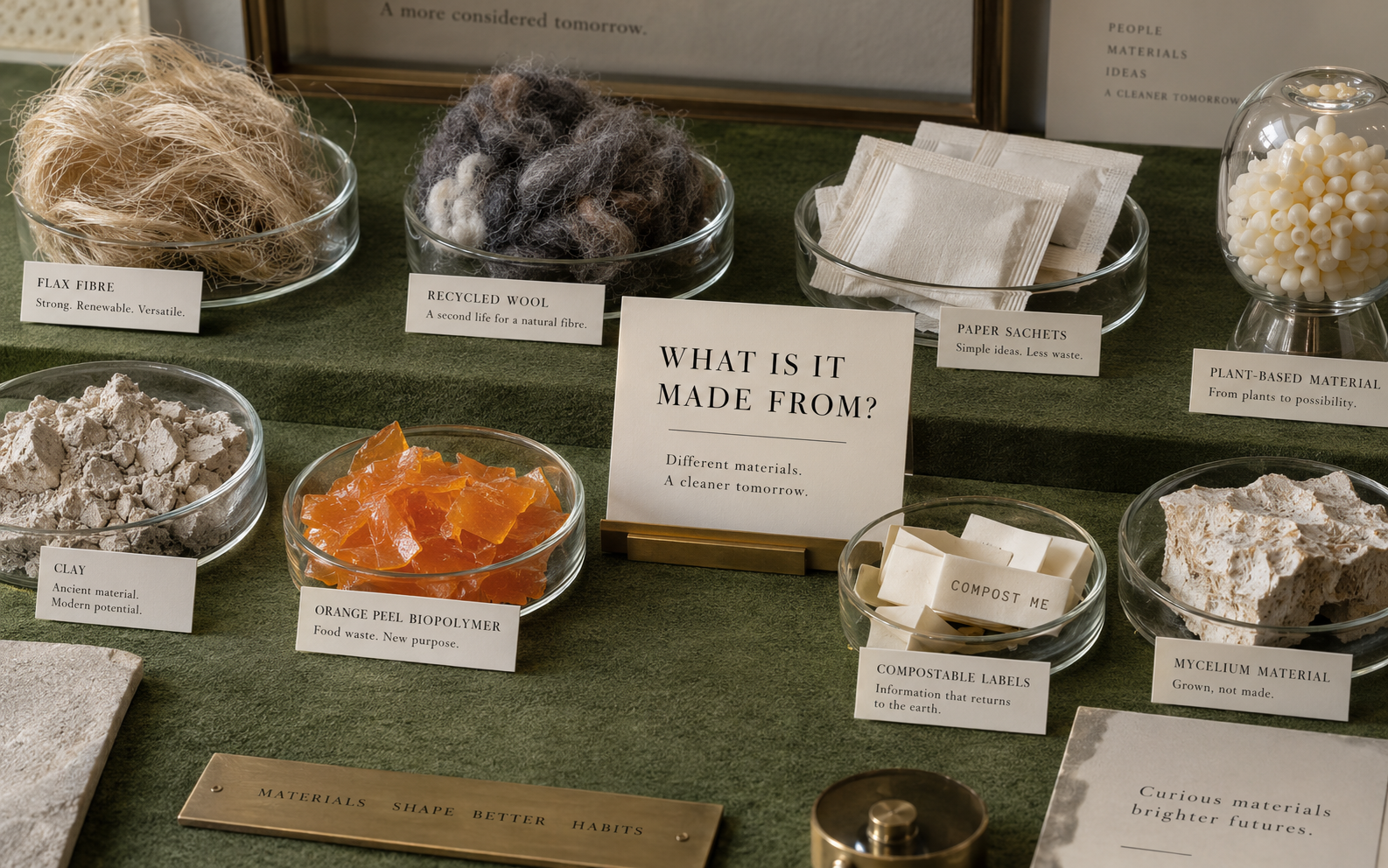 Unusual natural materials arranged as alternatives to everyday plastic.