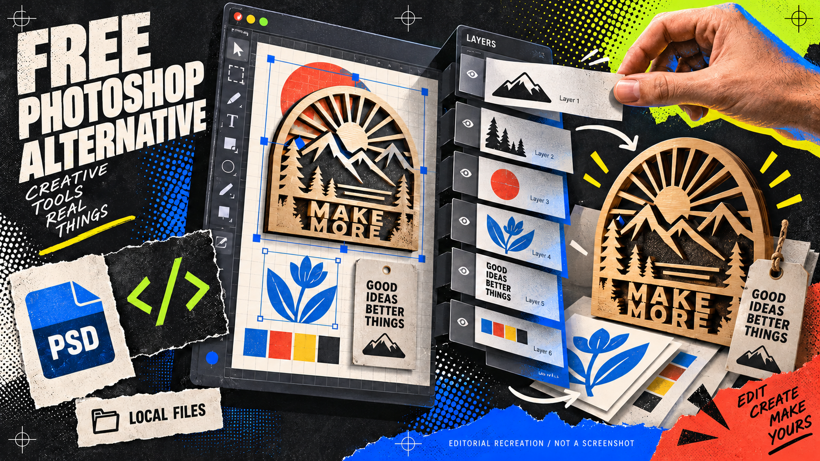 Editorial illustration of a free Photoshop alternative turning layered artwork into a wooden maker sign, with visible PSD layers, transform handles and colour swatches.