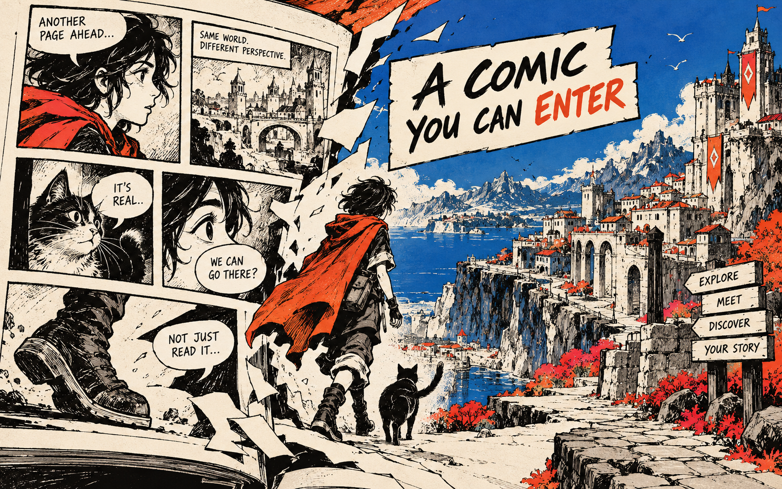 Hand-drawn graphic novel panels opening into an explorable game world.