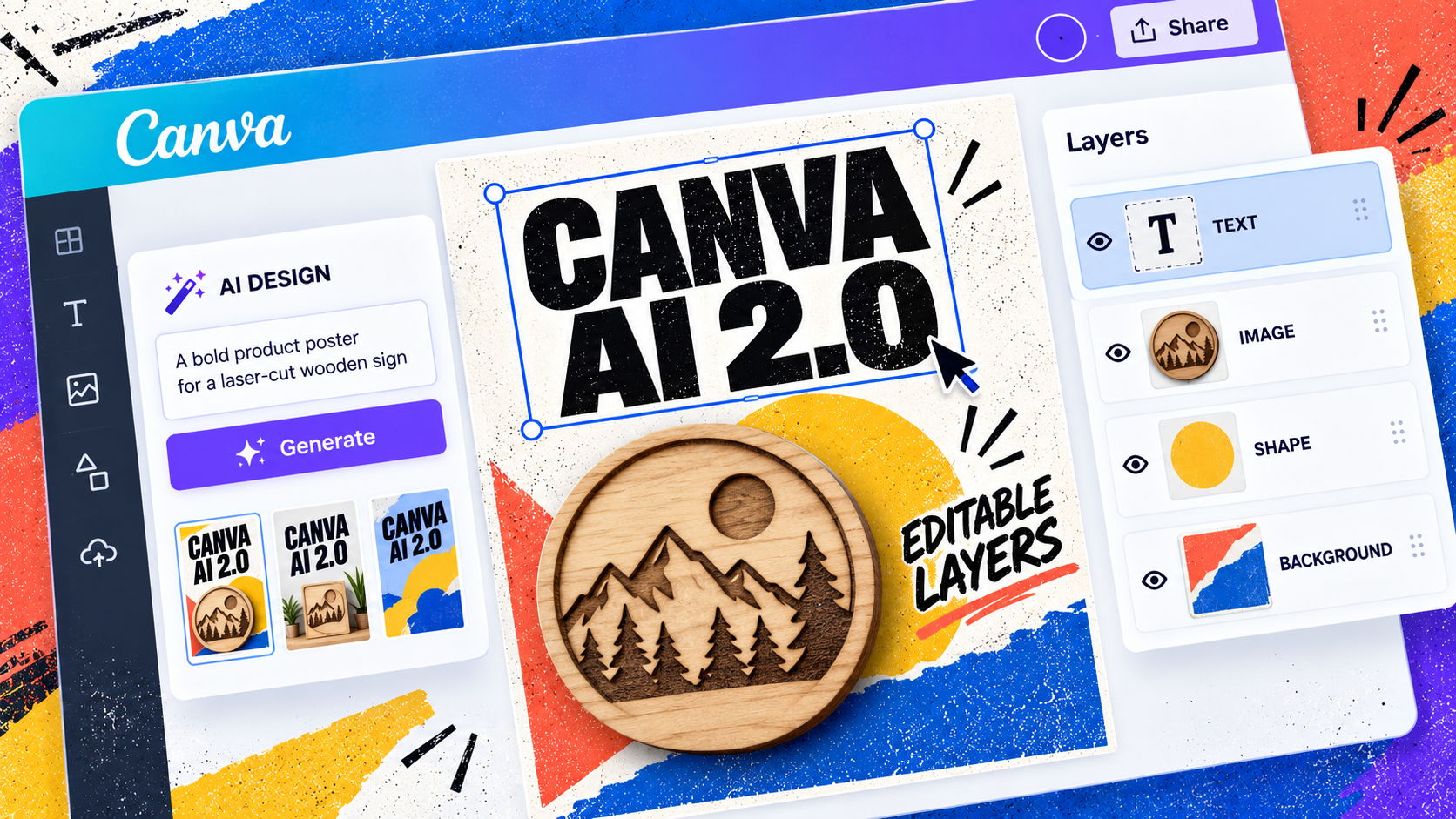 Editorial paper collage showing a Canva AI 2.0 design separating into editable background, image, text, colour and shape layers.