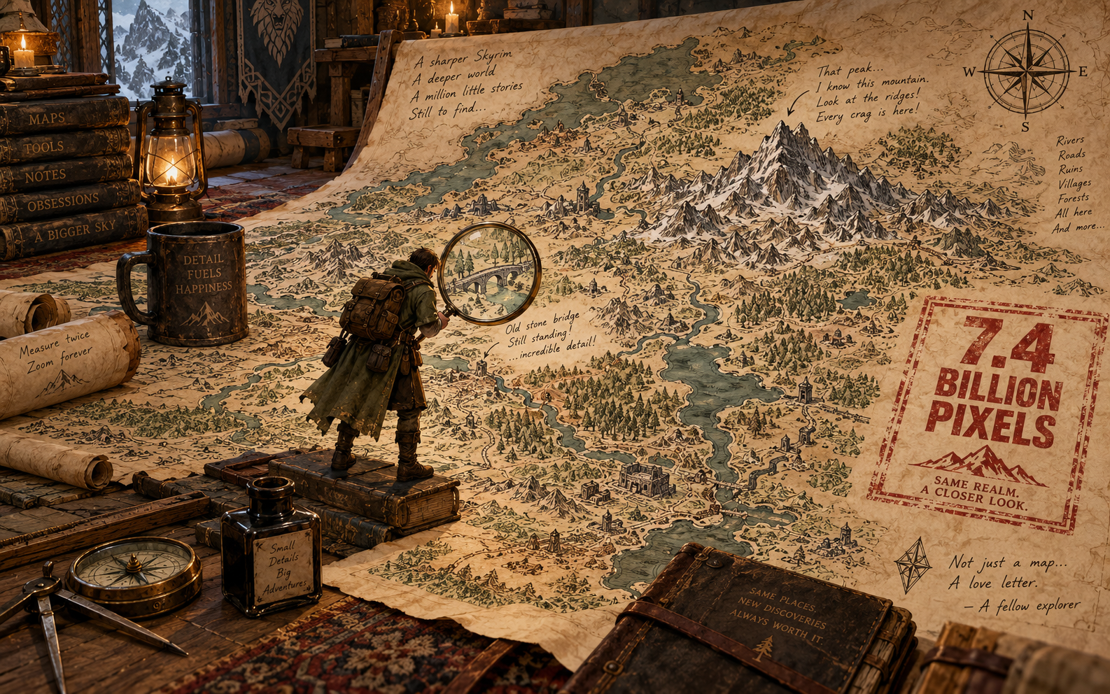 A fantasy map with a magnified inset showing its enormous pixel detail.