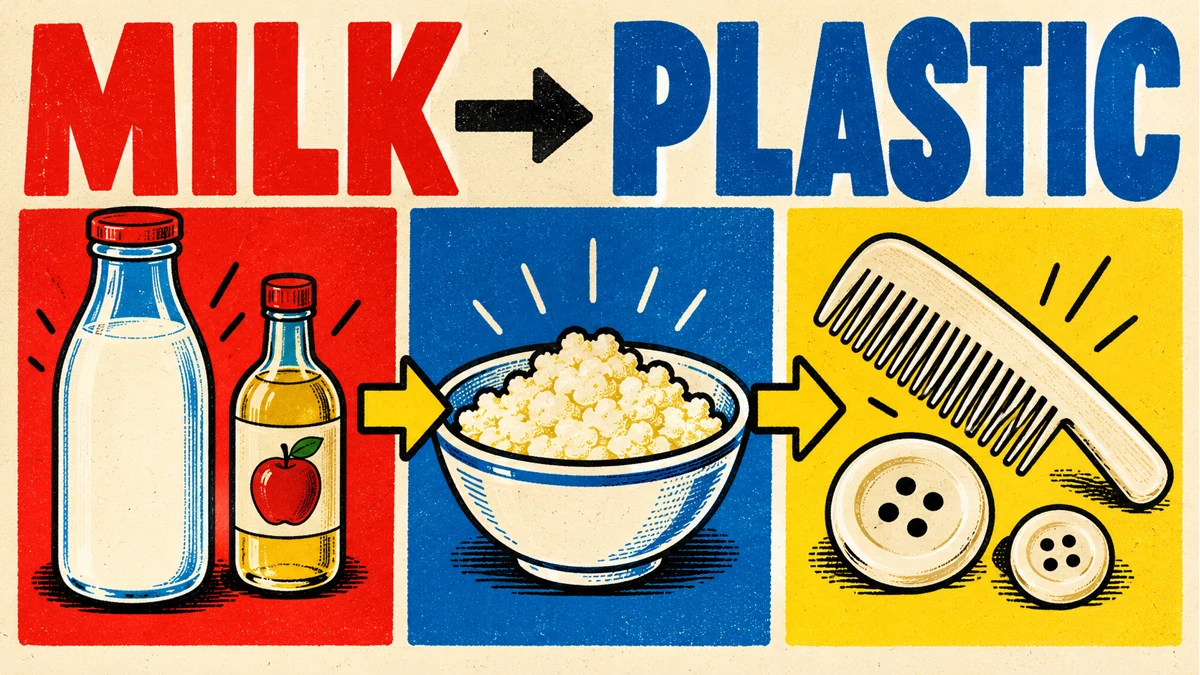 Block-colour illustration showing milk and vinegar becoming casein curds, then a button and comb.