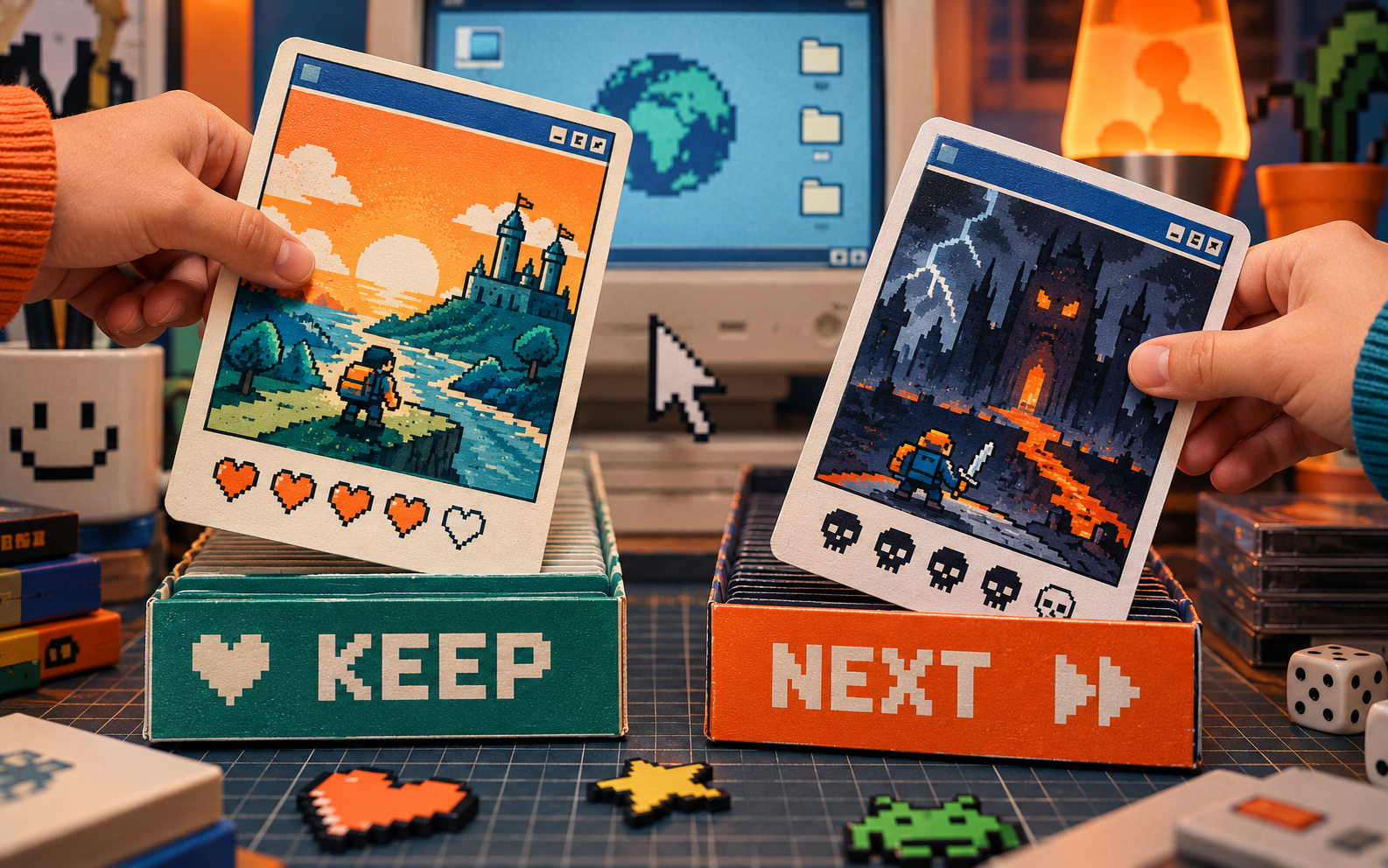 A playful swipe interface matching people with video games.
