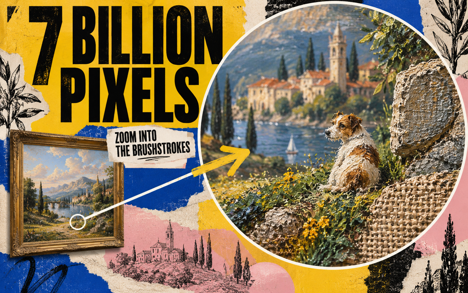A gigantic painting detail with a magnified zoom circle revealing fine brushwork.