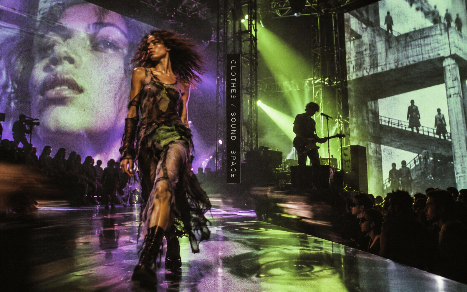 A fashion runway, film set, concert stage and building combined in one visual.