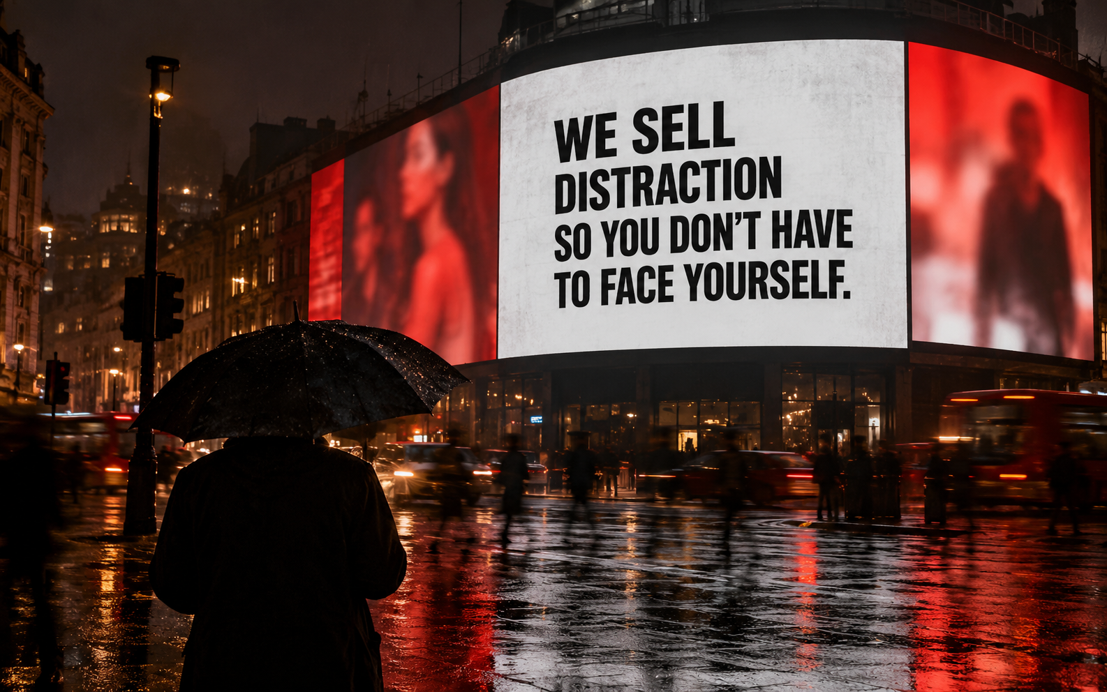 Jenny Holzer-style text projected across a billboard in a public space.