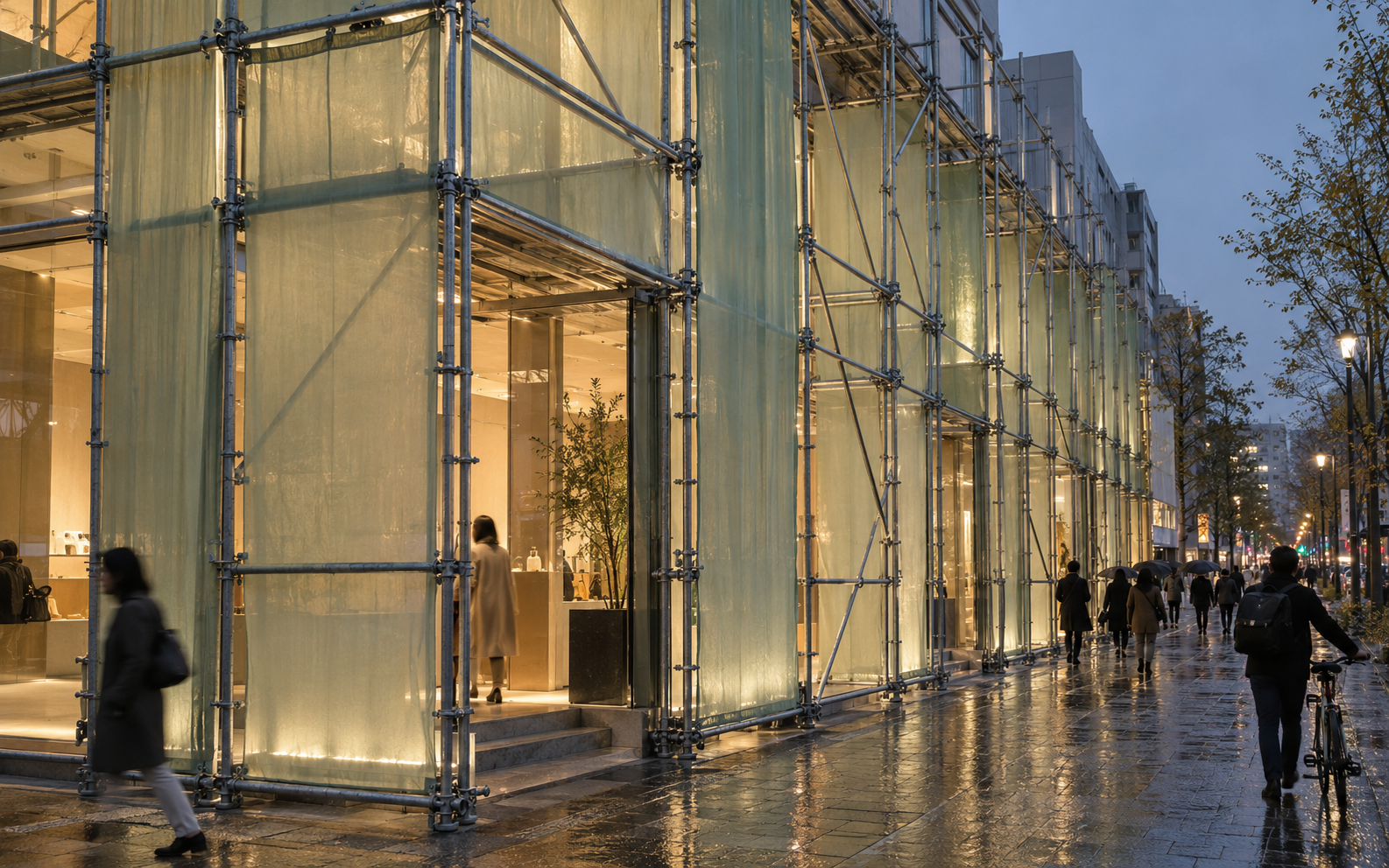 A Prada storefront turned into a dramatic scaffolding-covered facade.