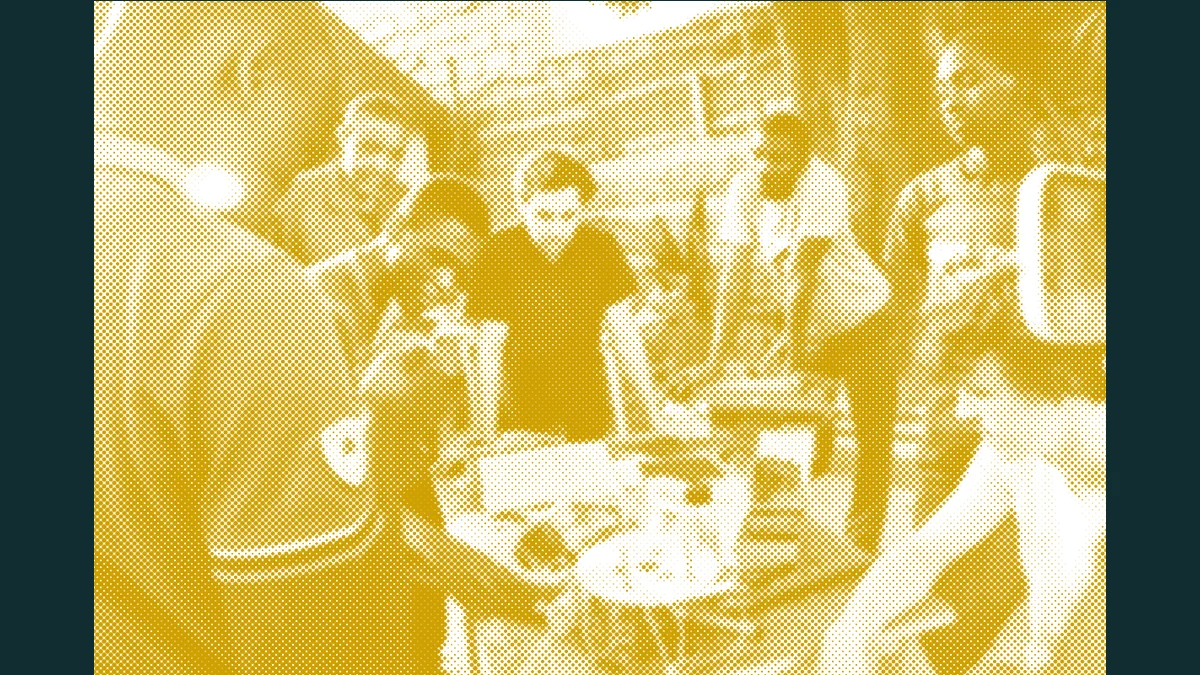 Official Low-Tech Lab community image in yellow halftone, showing makers gathered around a practical build.