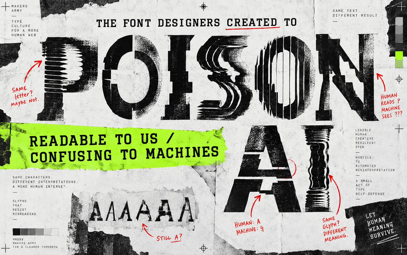A bold type specimen with distorted letterforms designed to confuse AI systems.