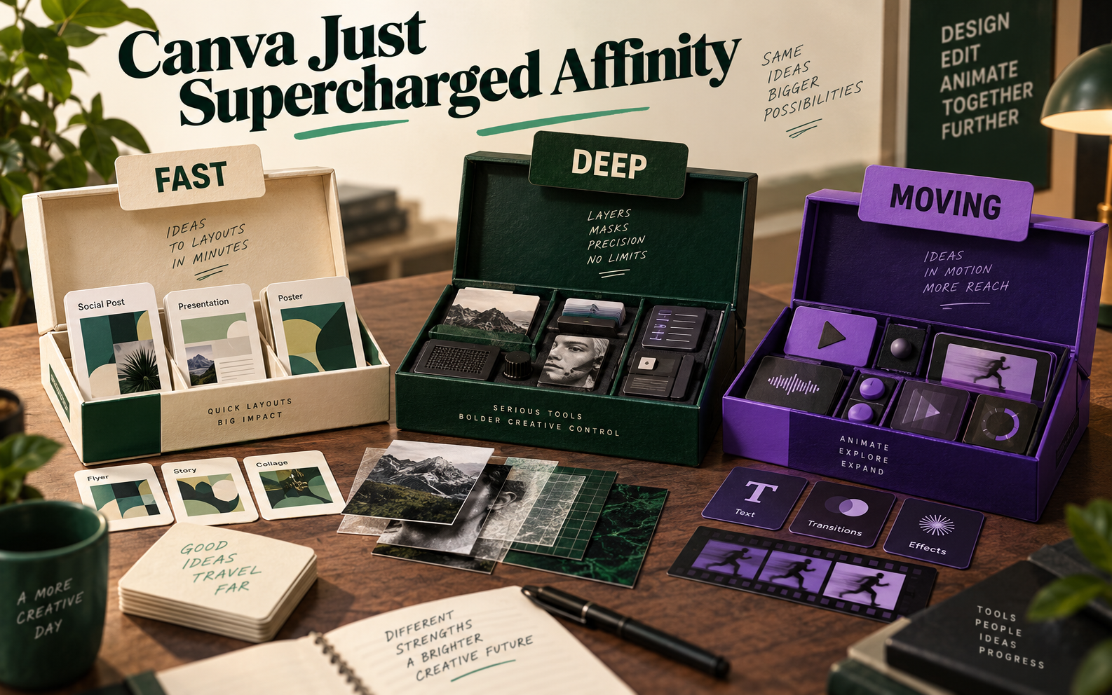 Canva, Affinity and Adobe represented as competing creative toolkits on a worktable.