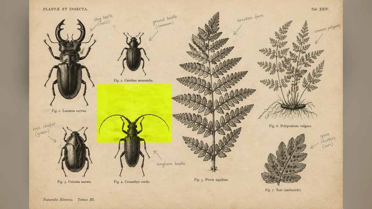 Vintage beetle and fern engravings with a fluorescent block and pencil notes.