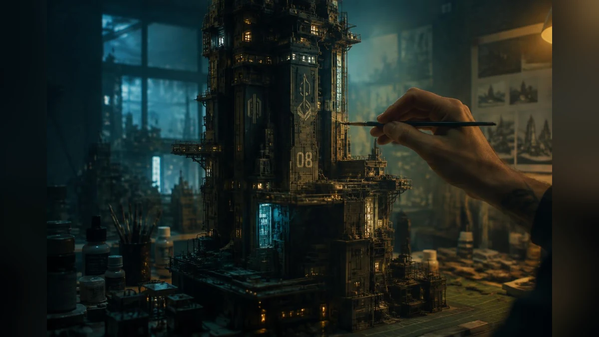 Hand painting a detailed miniature tower in a moody workshop.