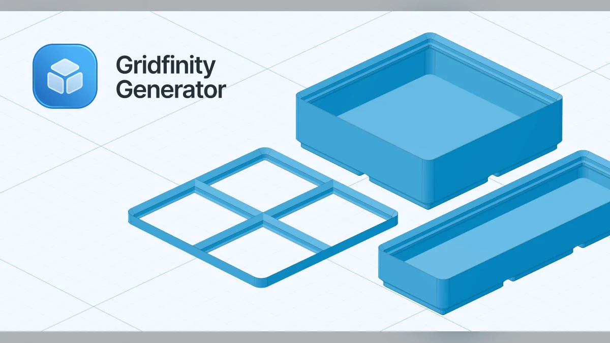 Blue isometric Gridfinity storage bins and baseplate generated for 3D printing