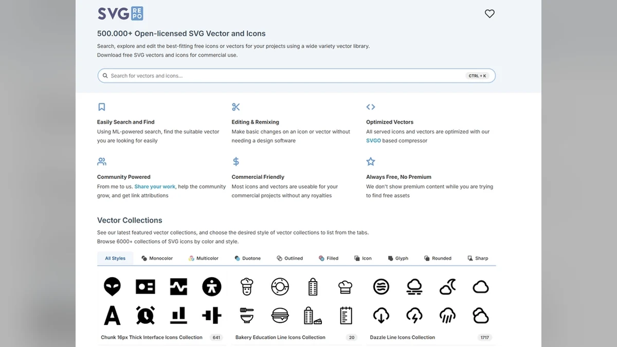 The real SVG Repo website showing its searchable library of more than 500,000 open-licensed vectors and individual collection licences
