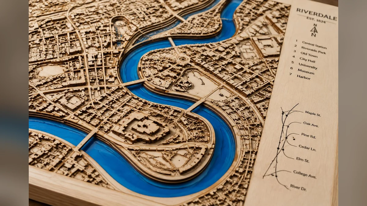 Layered laser-cut wooden city map with a blue river.