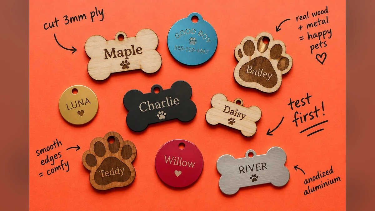 Wood and metal laser-cut pet tags on coral paper with handwritten notes.