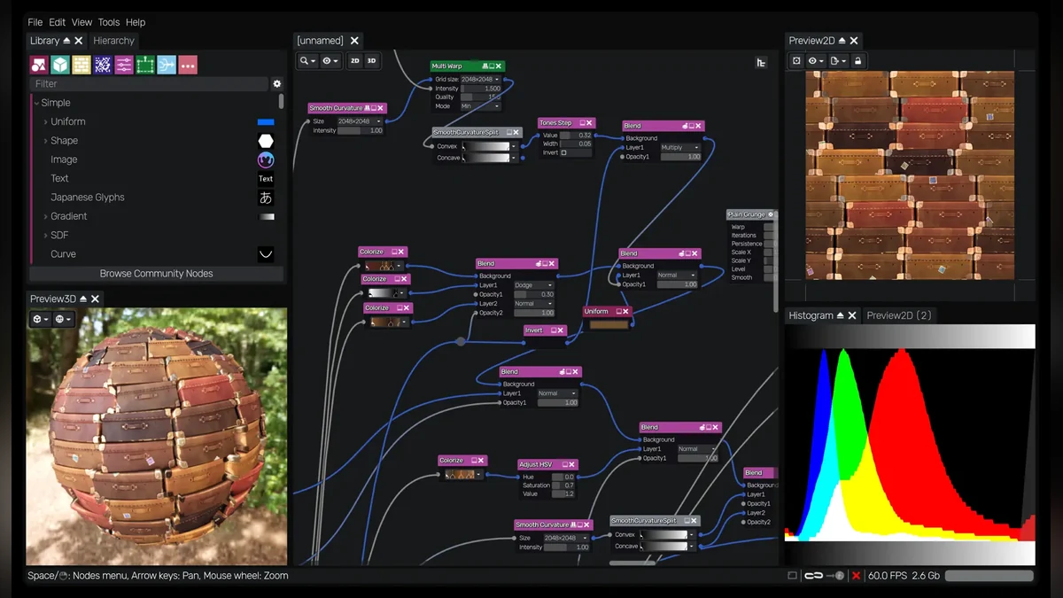 Material Maker interface with procedural node graph and live material previews
