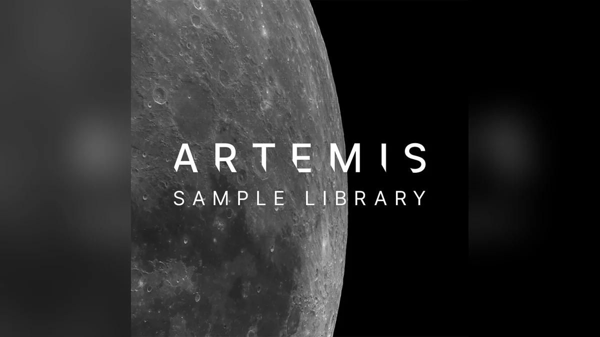 Black and white NASA Artemis Sample Library graphic over the Moon