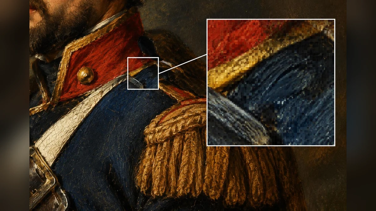 Painted surface detail with a magnified pixel zoom inset.