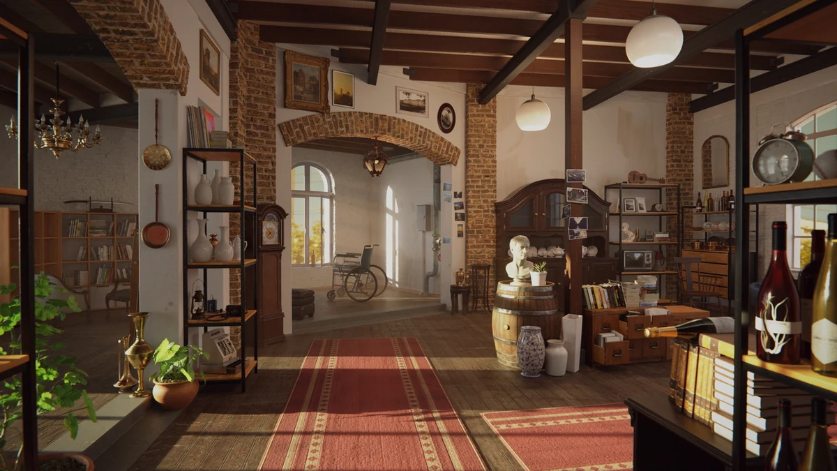 Photorealistic warm interior render created with Poly Haven 3D assets