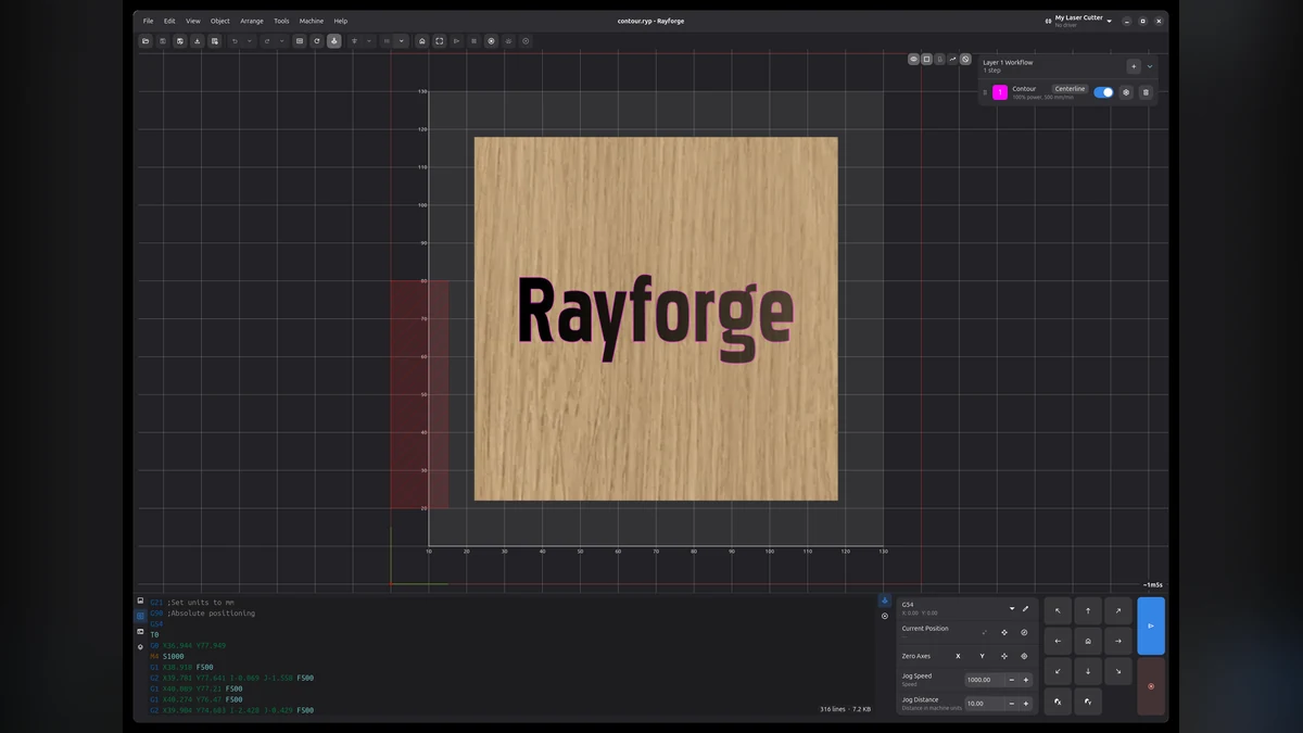 The real Rayforge laser software workspace showing a design positioned on material with laser controls and workflow panels