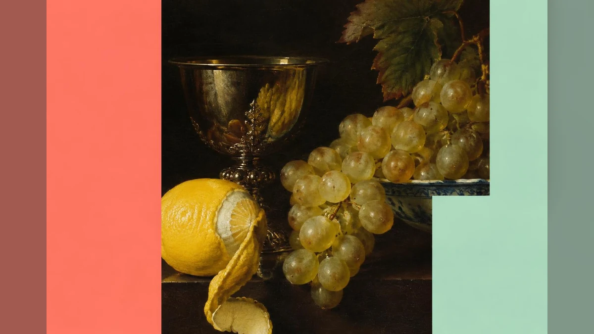 Painted still life detail framed by coral and mint colour blocks.