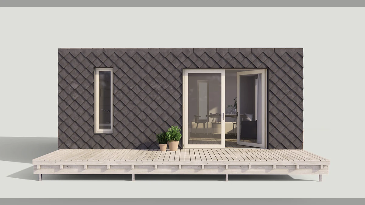 Completed modern WikiHouse with timber cladding and a small deck