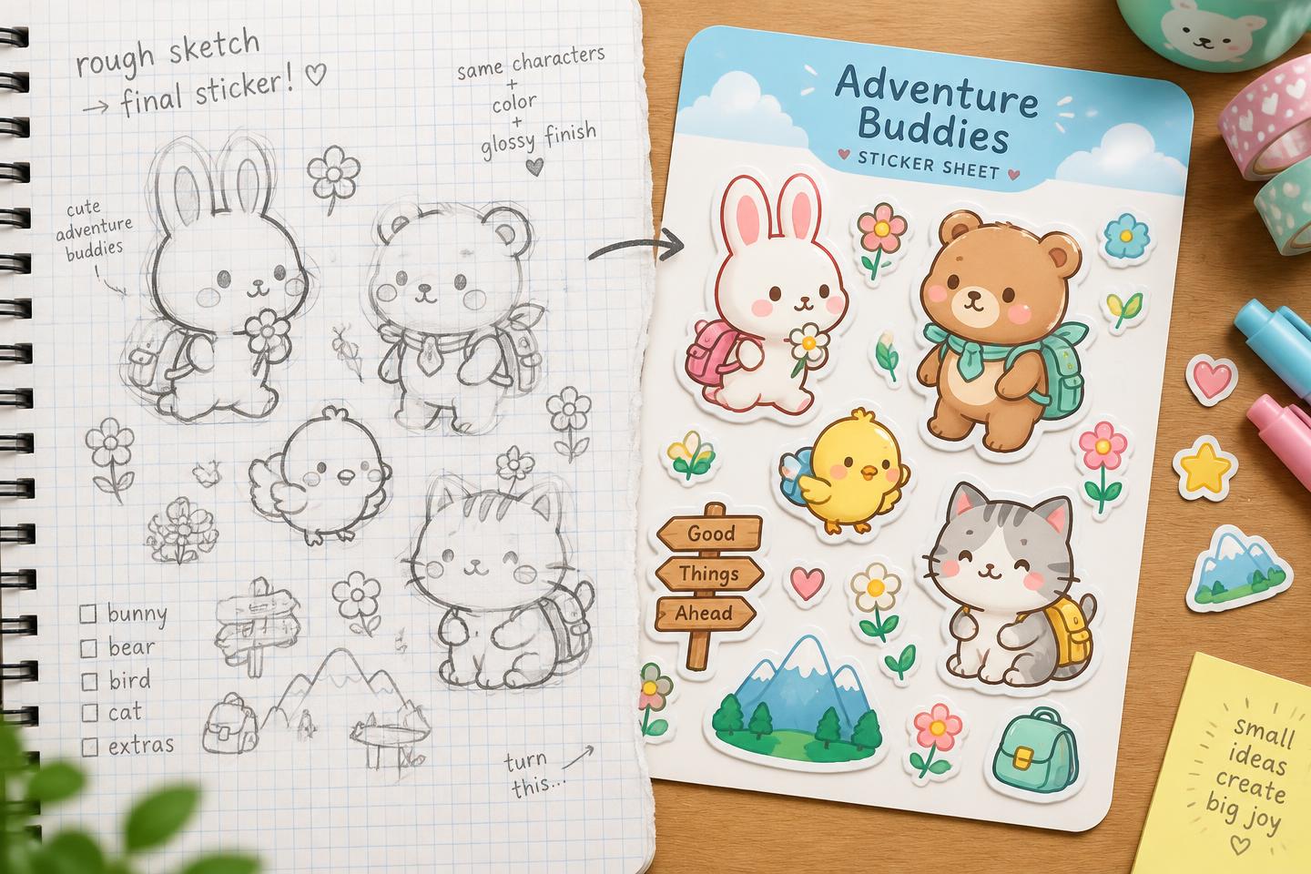 Pencil sketch of characters beside the finished colourful sticker sheet.