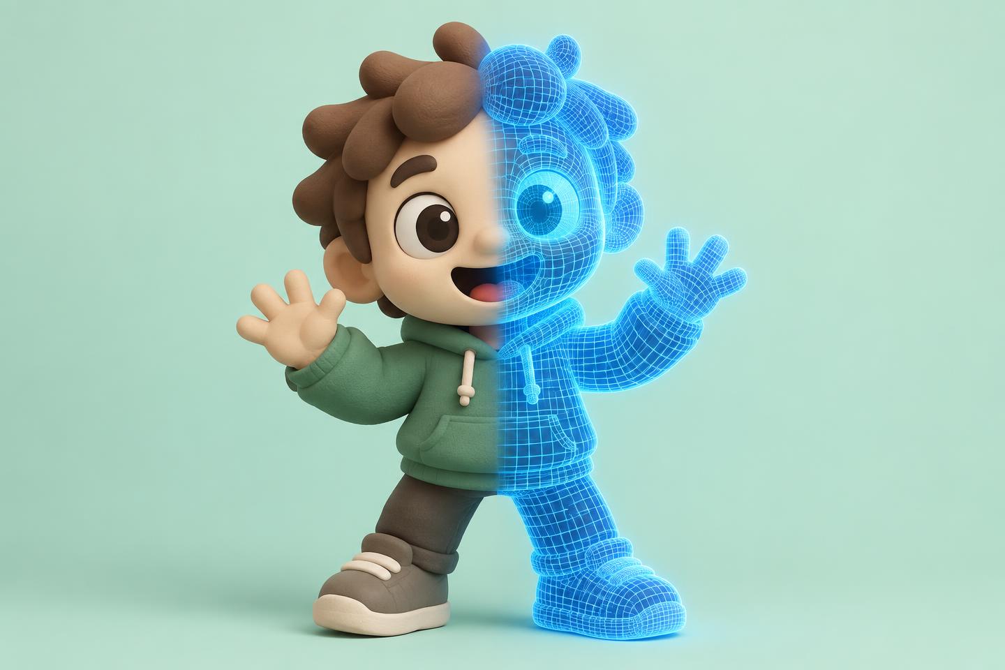 Clay-style character that turns into a wireframe mesh halfway across.