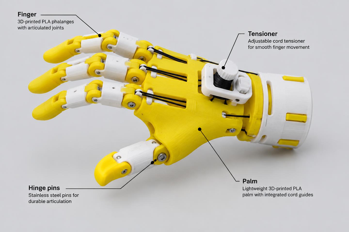 Yellow and white 3D-printed assistive hand with labelled components.