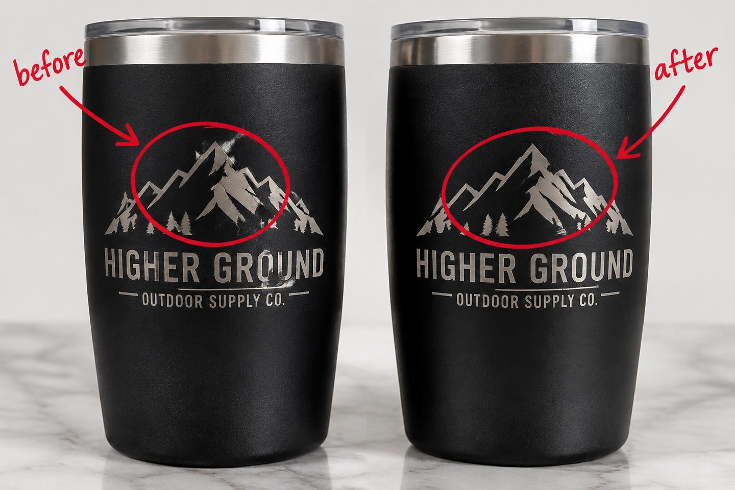 Two engraved tumblers compared, with marker circles marking before and after.