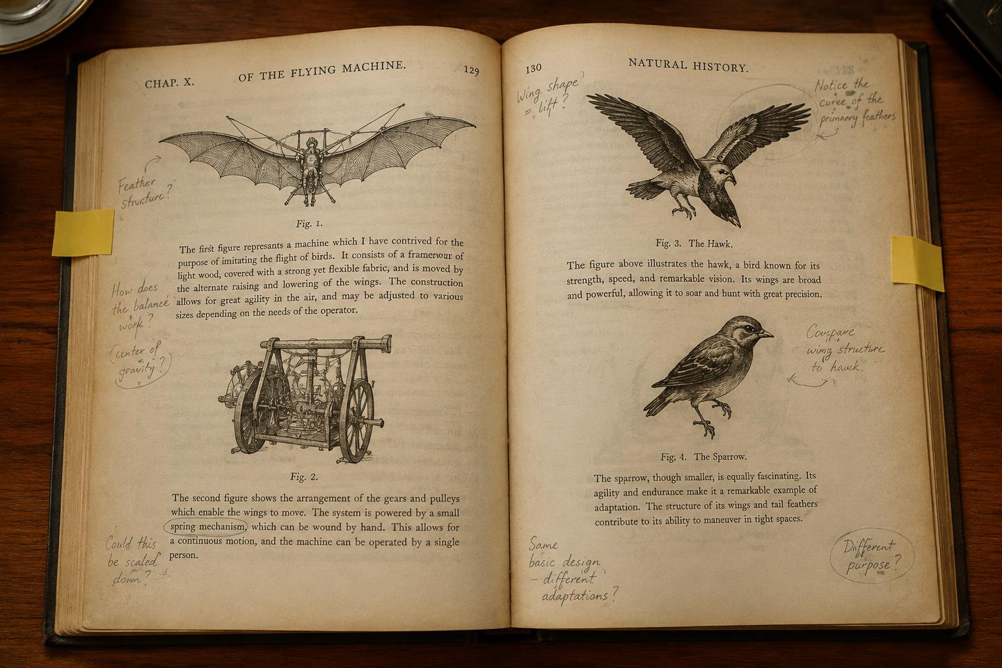 Open antique book with engravings and pencil marginalia.