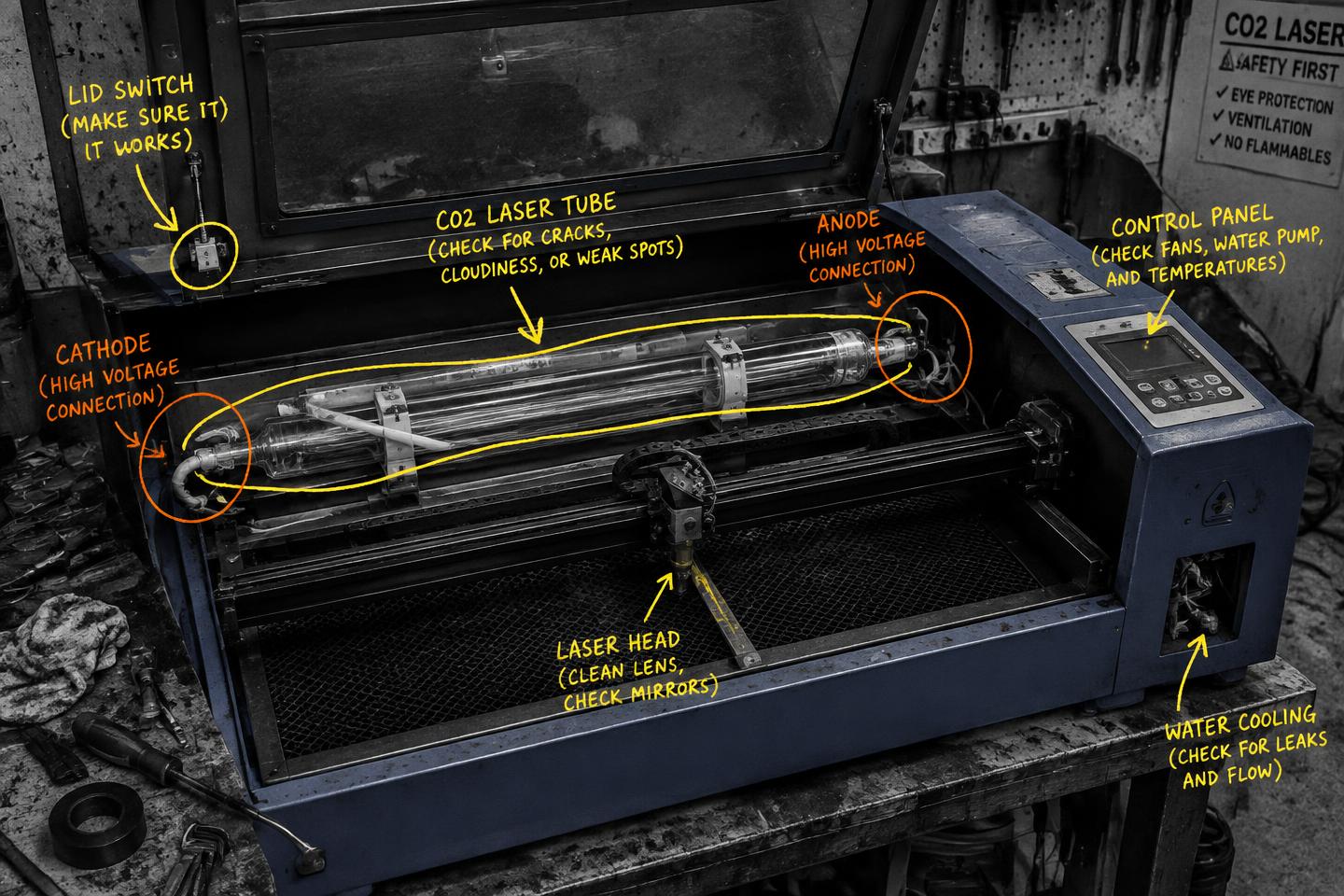 Monochrome desktop laser cutter with yellow and orange repair annotations.