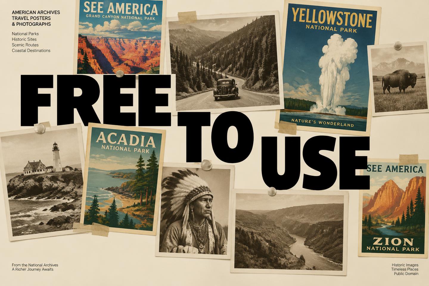 Vintage travel posters and archival photos behind the words Free to use.
