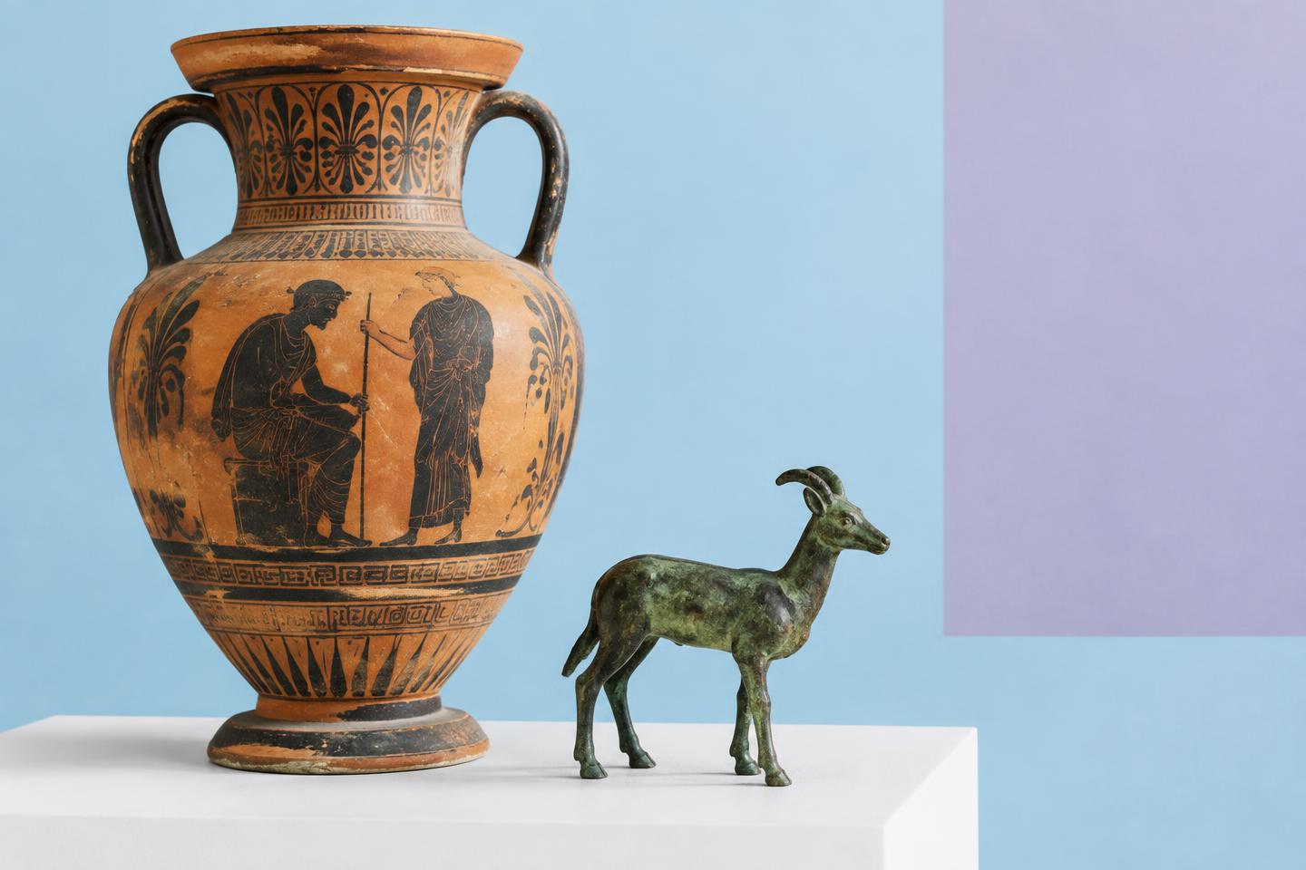 Antique amphora and bronze figurine against sky-blue and lavender blocks.