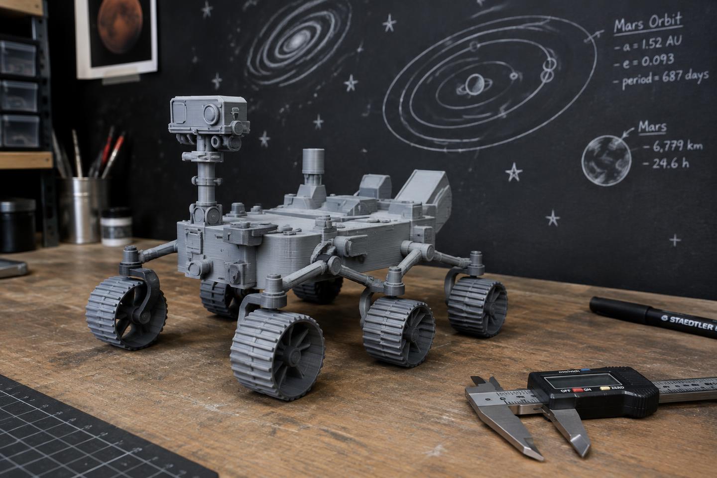 3D-printed rover model on a workbench before a chalk star map.