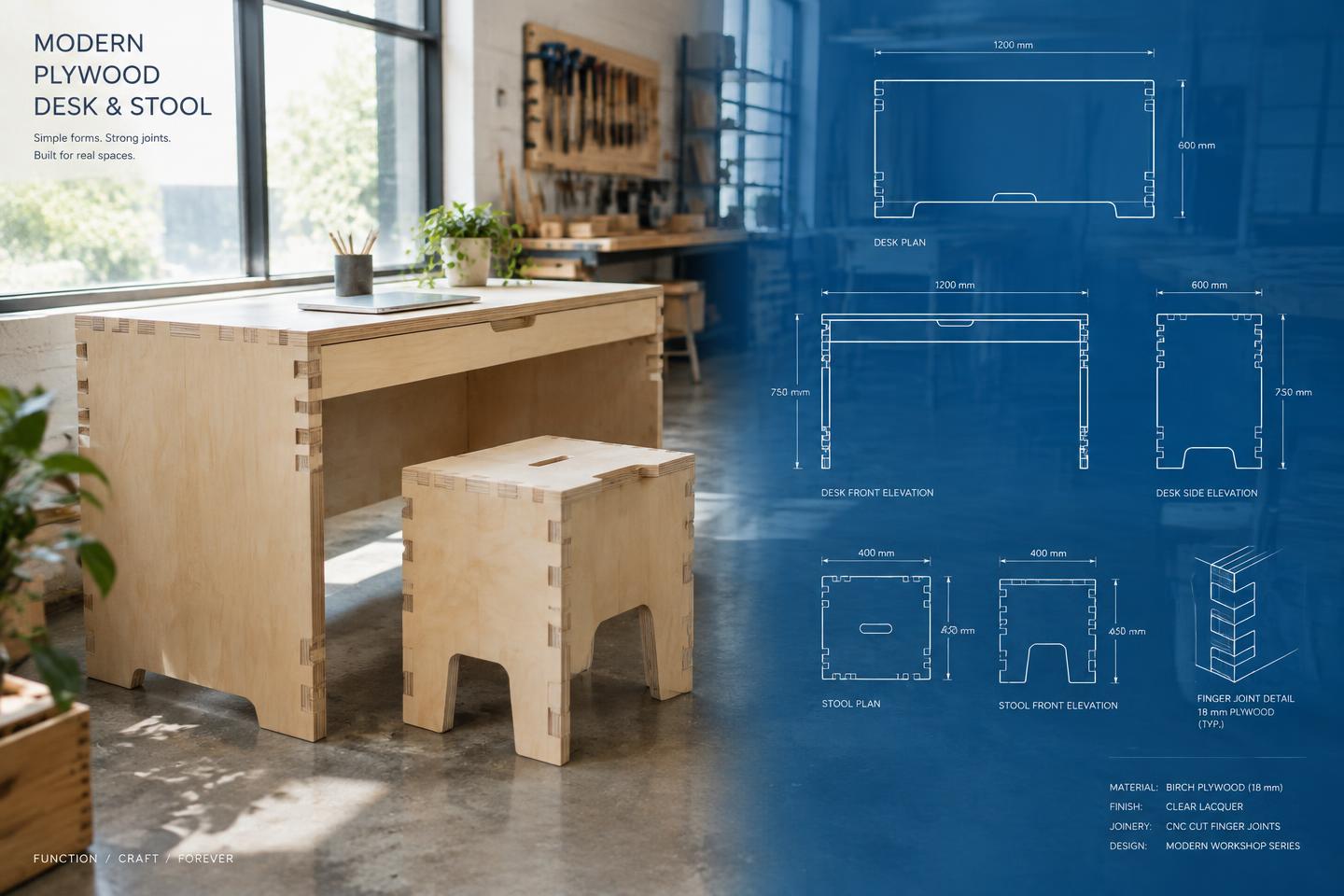 Plywood desk and stool in a workshop with blueprint drawings overlaid.