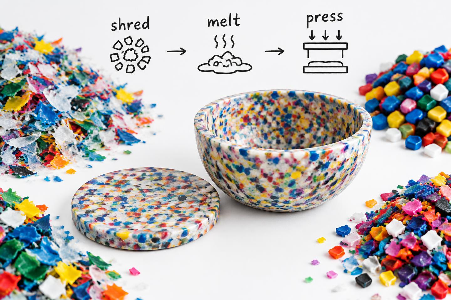 Recycled plastic bowl and coaster among colourful flakes with a shred, melt, press sketch.