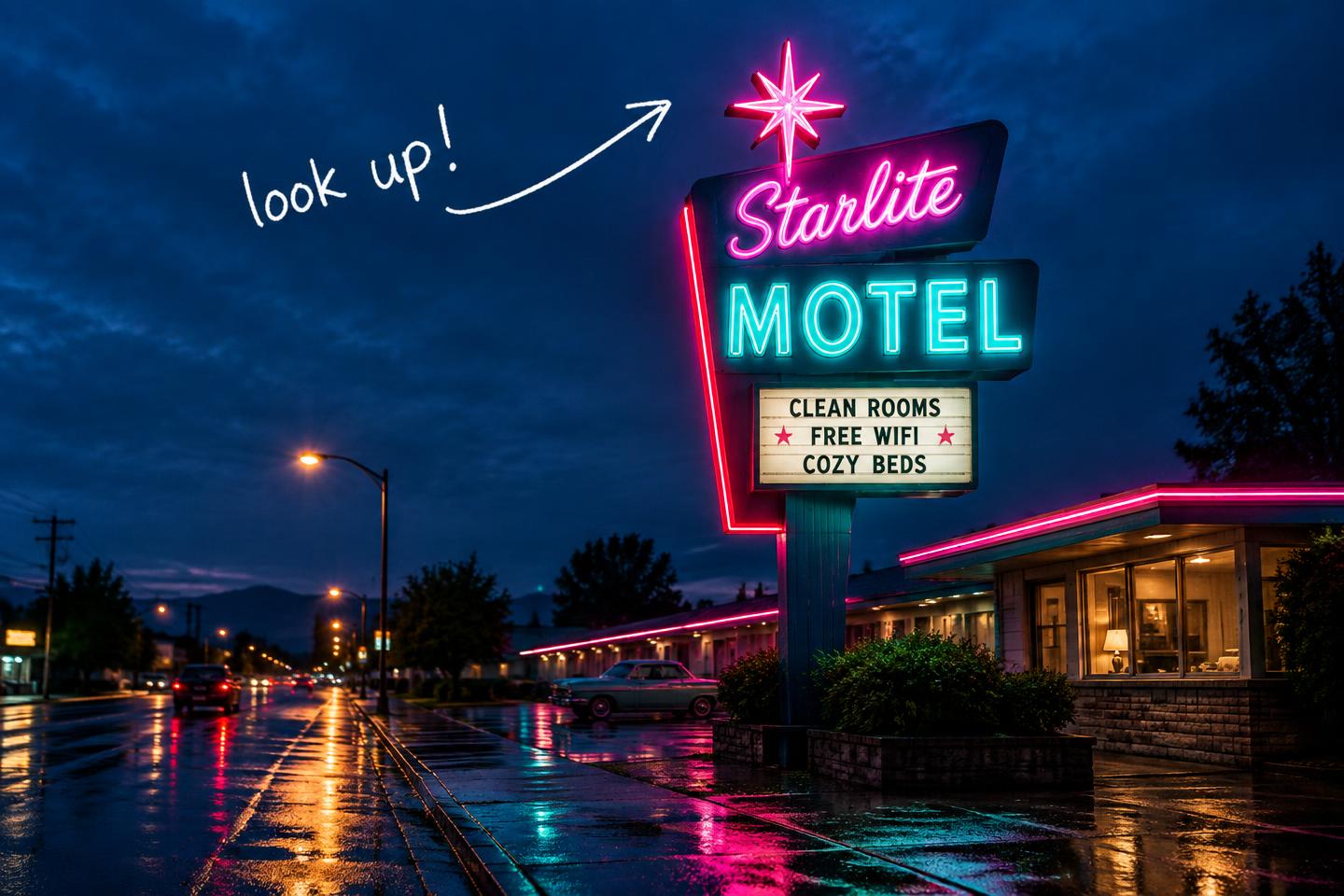 Neon motel sign at night with a handwritten look up note.