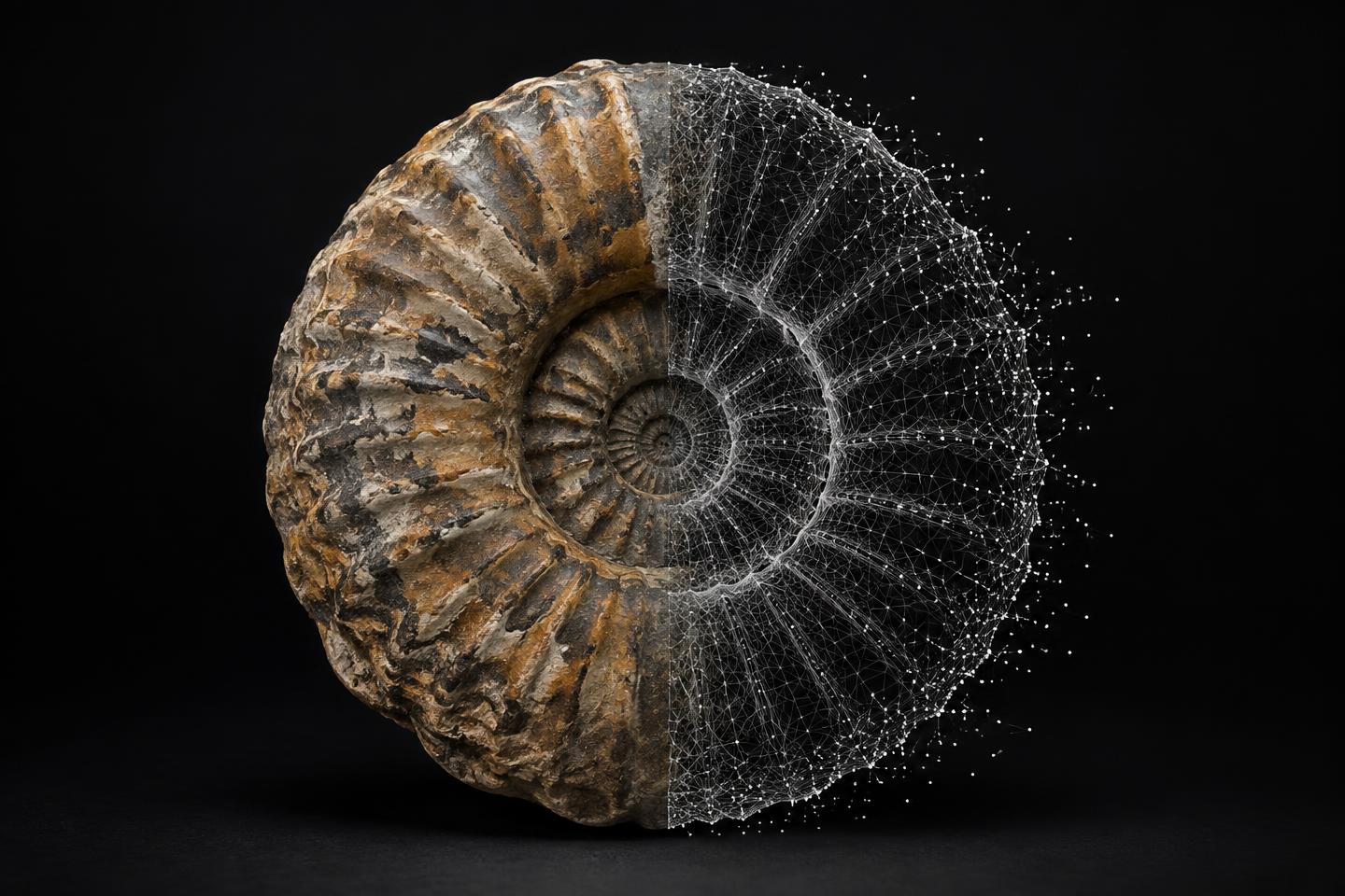 Ammonite fossil dissolving into a 3D scan wireframe.