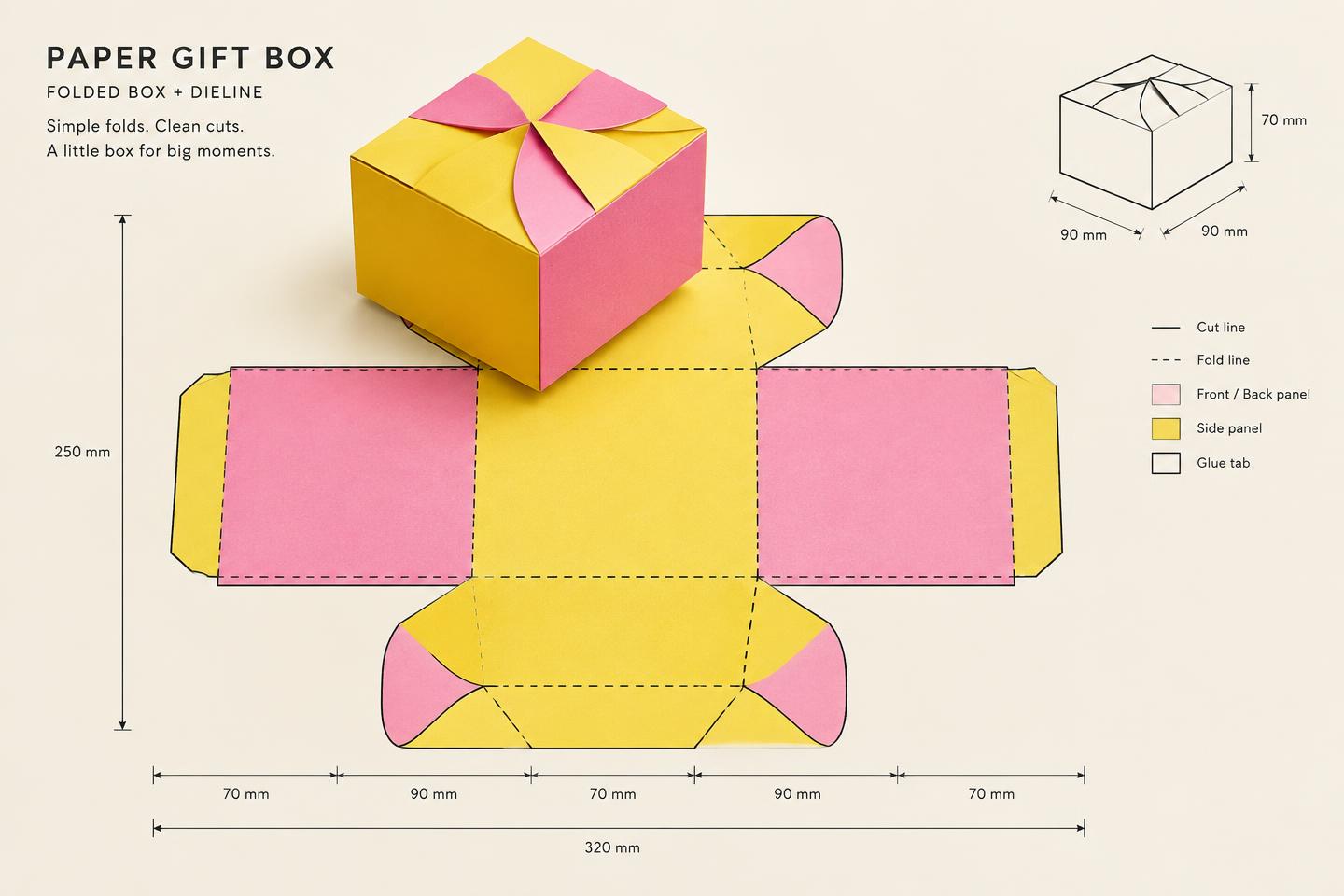 Folded paper gift box on its measured dieline.